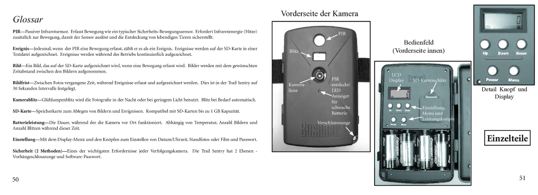 Bushnell 11-9200 instruction manual Glossar, Vorderseite der Kamera 