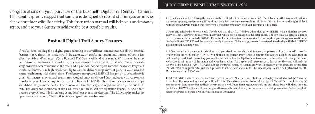 Bushnell 11-9200 instruction manual Bushnell Digital Trail Sentry Features, Quick Guide Bushnell Trail Sentry 