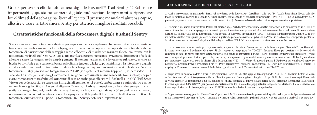 Bushnell 11-9200 instruction manual Guida Rapida Bushnell Trail Sentry 