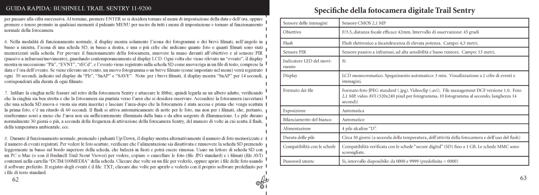 Bushnell 11-9200 instruction manual Speciﬁche della fotocamera digitale Trail Sentry, Formato dei ﬁle 