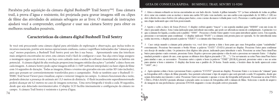 Bushnell 11-9200 Características da câmara digital Bushnell Trail Sentry, Guia DE Consulta Rápida Bushnell Trail Sentry 