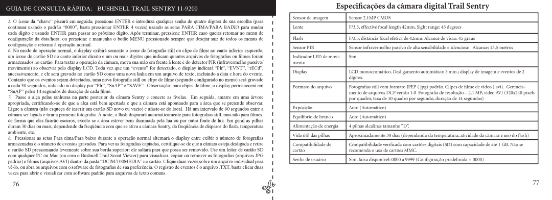 Bushnell 11-9200 instruction manual Especiﬁcações da câmara digital Trail Sentry, Formato do arquivo 