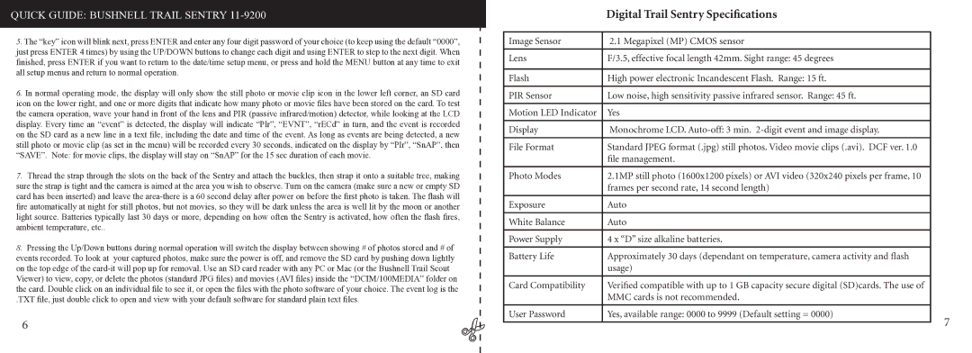 Bushnell 11-9200 instruction manual Digital Trail Sentry Speciﬁcations 