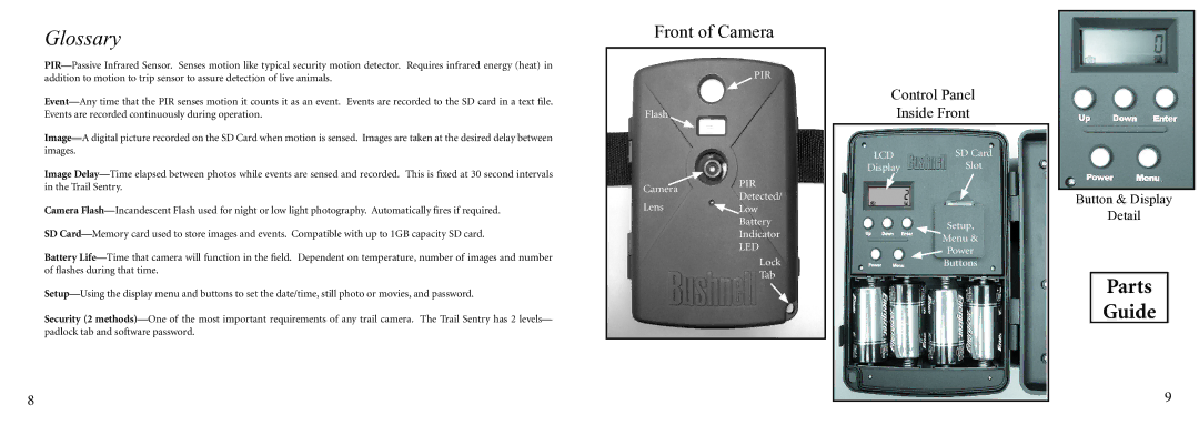 Bushnell 11-9200 instruction manual Glossary, Front of Camera 