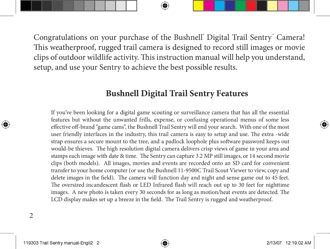 Bushnell 11-9303 instruction manual Bushnell Digital Trail Sentry Features 