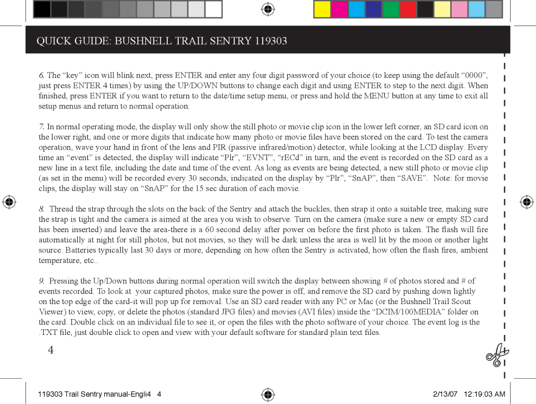 Bushnell 11-9303 instruction manual Trail Sentry manual-Engli4 13/07 121903 AM 