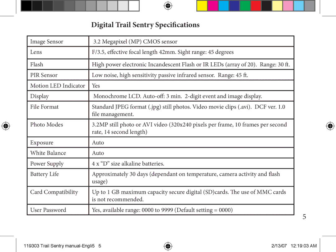 Bushnell 11-9303 instruction manual Digital Trail Sentry Specifications 