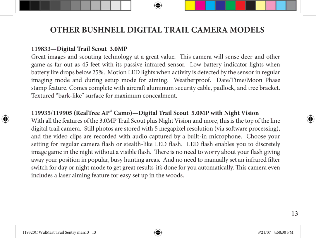 Bushnell 11-9320C instruction manual Other Bushnell Digital Trail Camera Models 