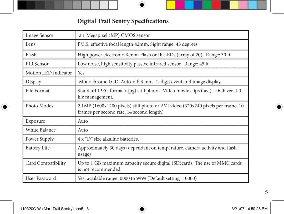 Bushnell 11-9320C instruction manual Digital Trail Sentry Specifications 