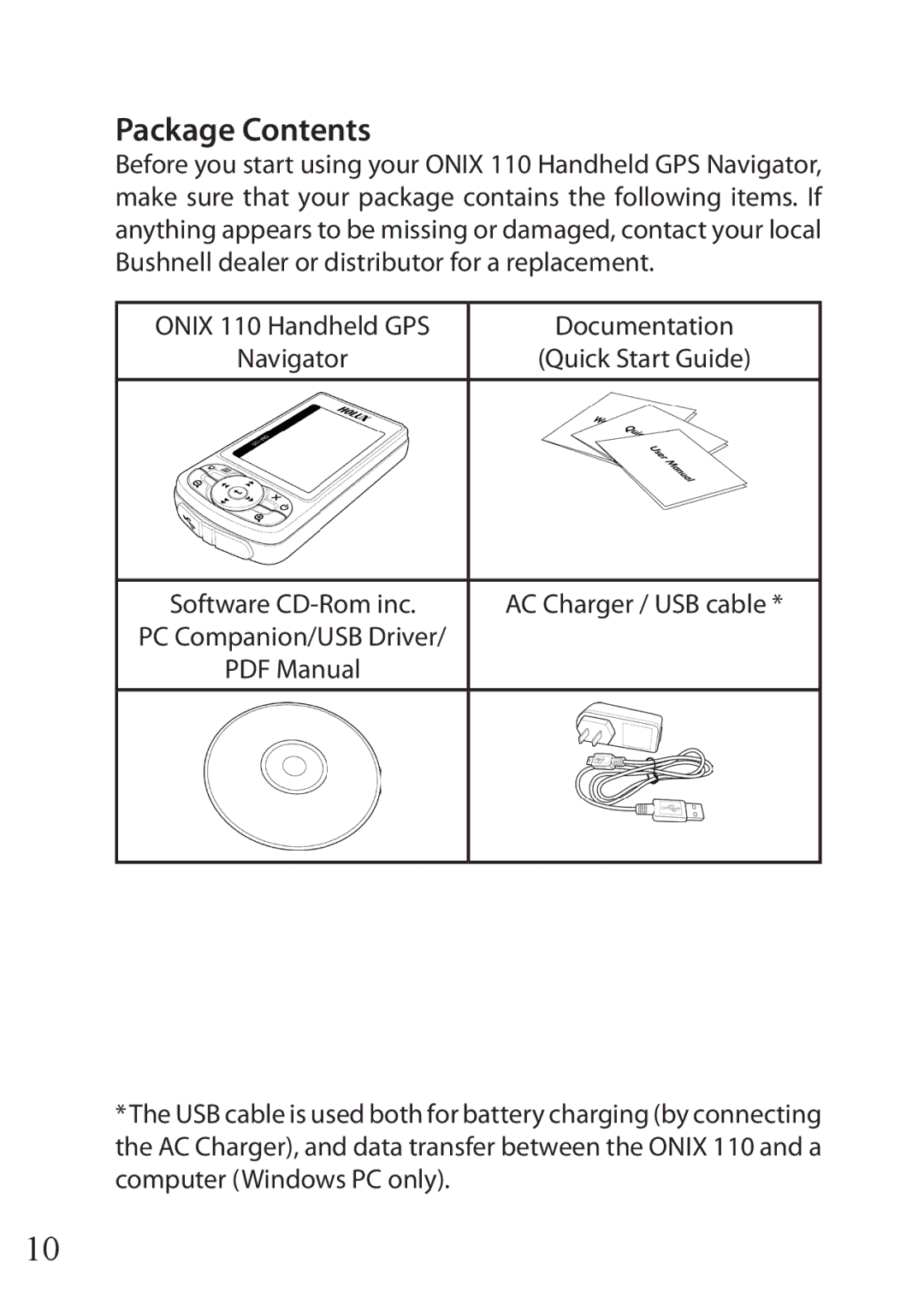 Bushnell 110 instruction manual Package Contents 