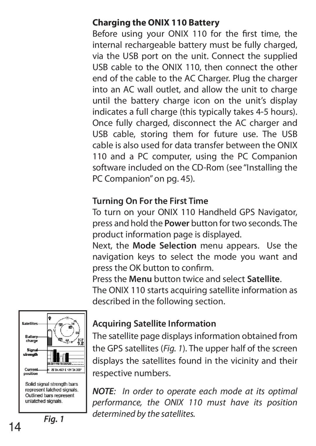 Bushnell Charging the Onix 110 Battery, Turning On For the First Time, Acquiring Satellite Information 