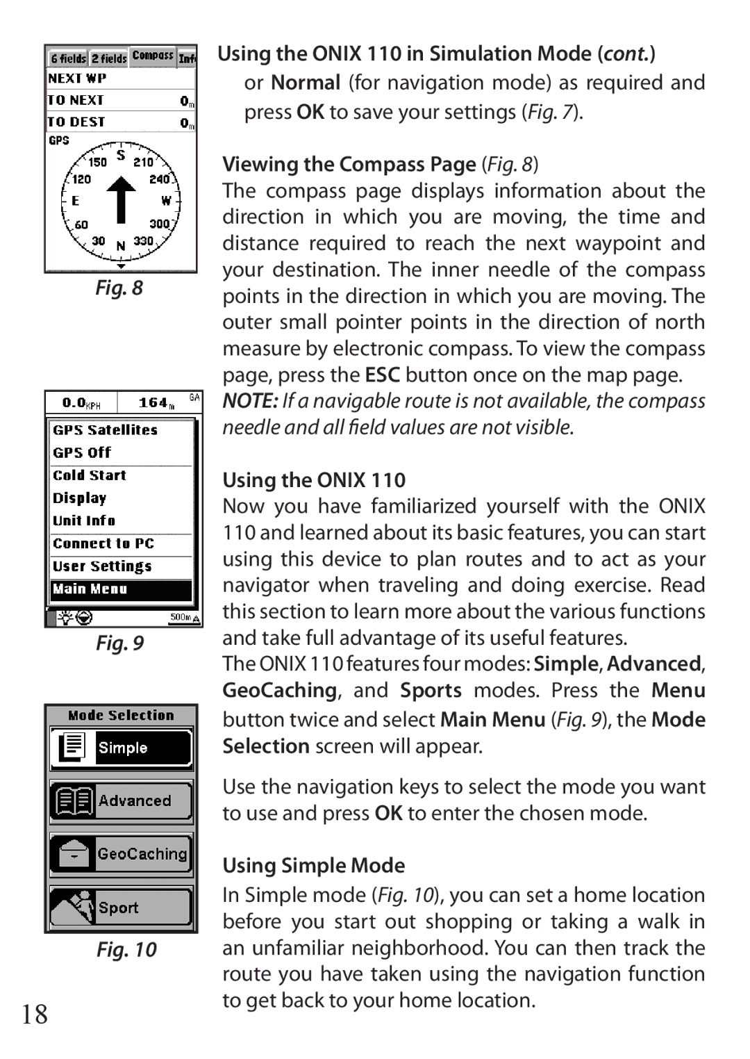 Bushnell 110 instruction manual Viewing the Compass Page Fig, Using the Onix, Using Simple Mode 