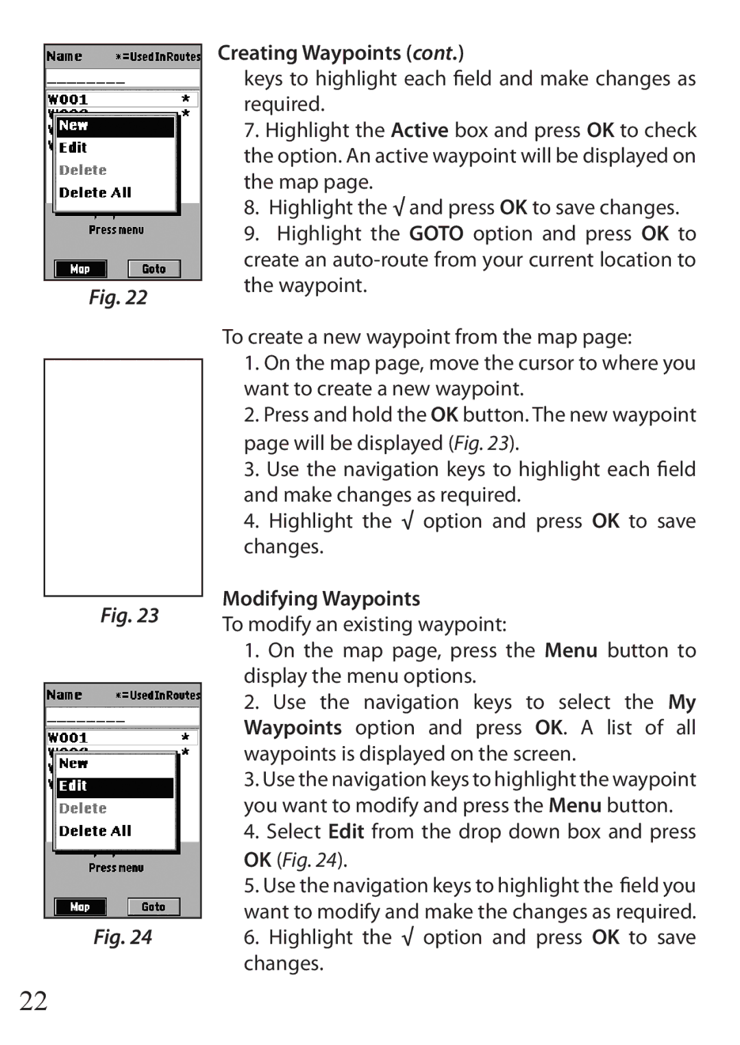 Bushnell 110 instruction manual Modifying Waypoints, Select Edit from the drop down box and press OK Fig 