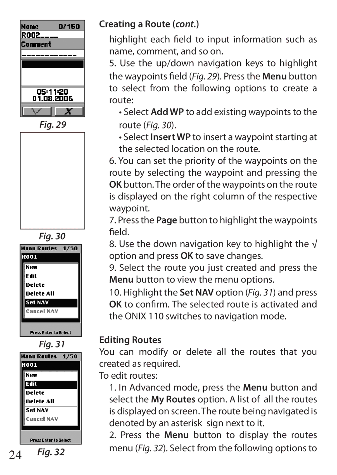 Bushnell 110 instruction manual 24 Fig, Editing Routes 