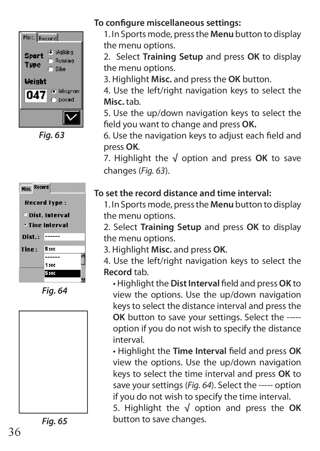 Bushnell 110 To configure miscellaneous settings, Misc. tab, To set the record distance and time interval, Record tab 