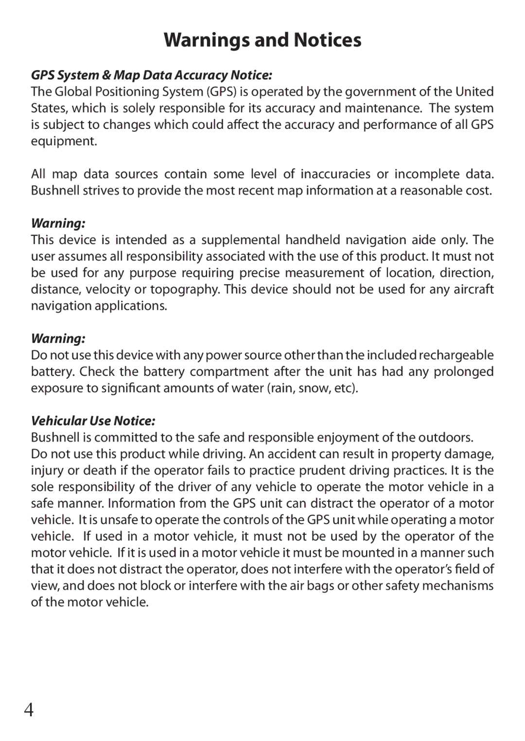 Bushnell 110 instruction manual GPS System & Map Data Accuracy Notice 