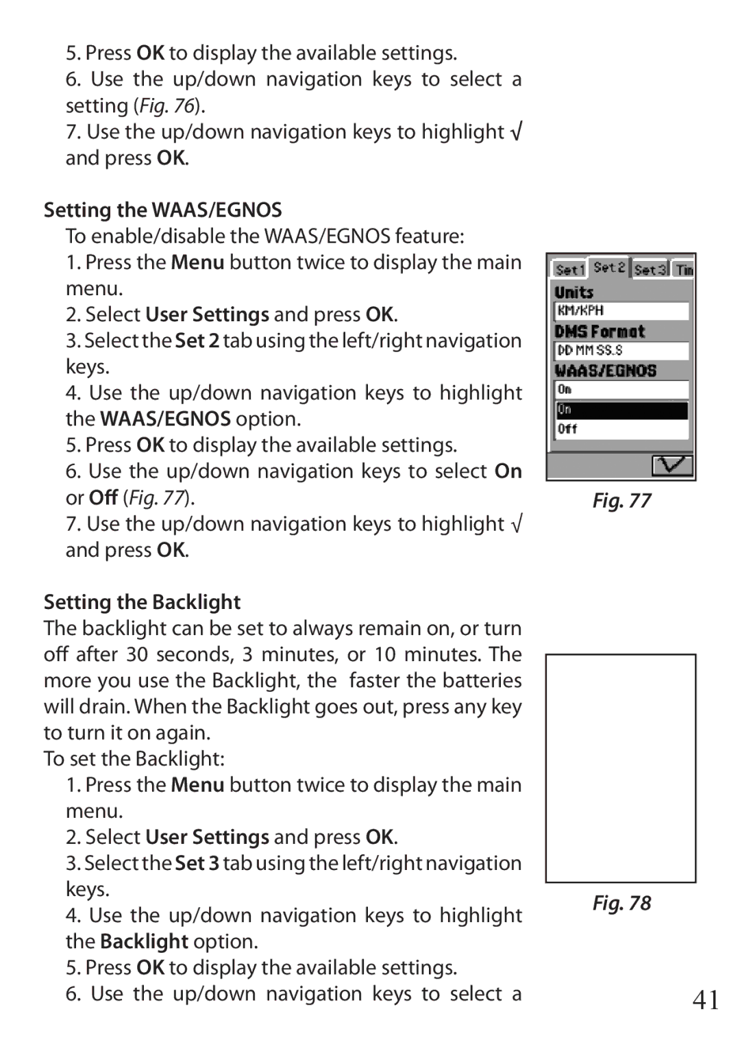 Bushnell 110 instruction manual Setting the WAAS/EGNOS, Setting the Backlight 