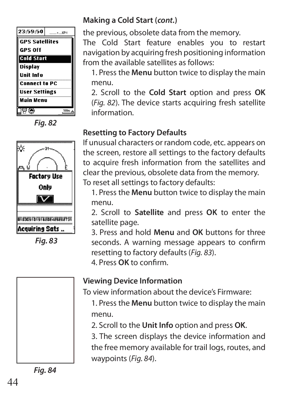 Bushnell 110 Previous, obsolete data from the memory, Resetting to Factory Defaults, Viewing Device Information 