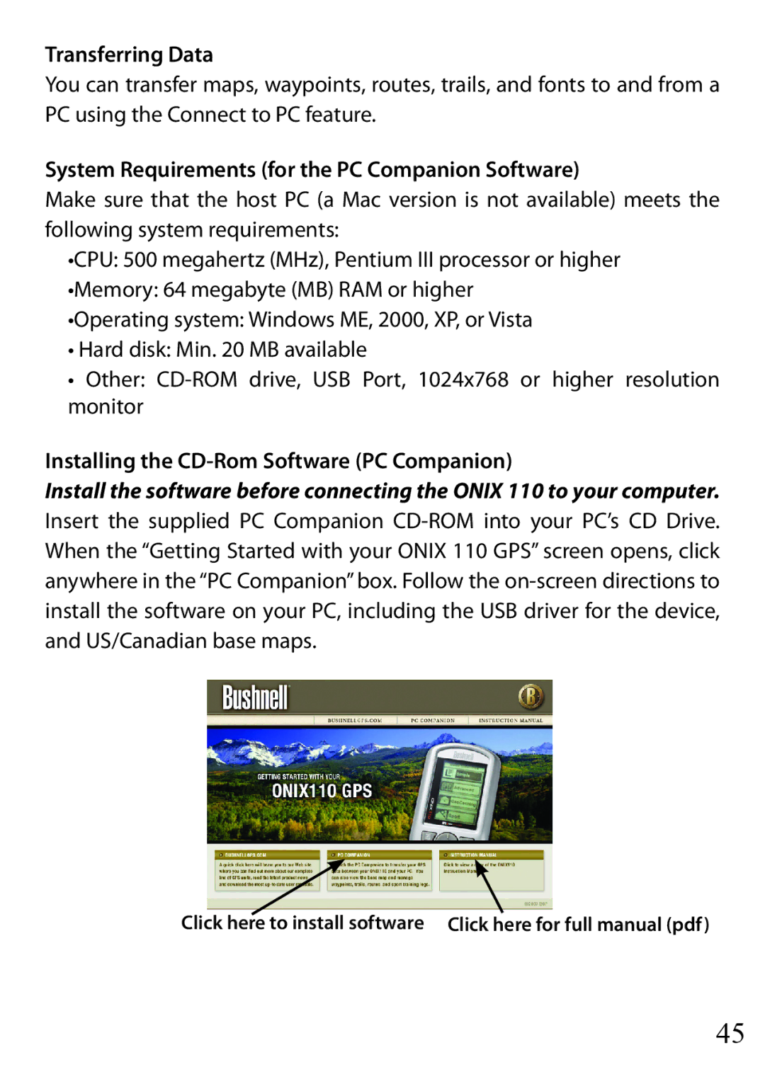 Bushnell 110 instruction manual Transferring Data, System Requirements for the PC Companion Software 