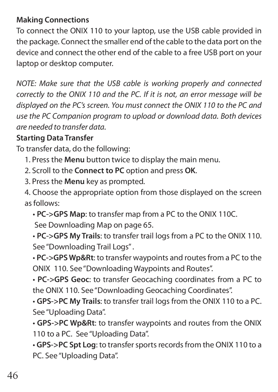 Bushnell 110 Making Connections, Starting Data Transfer, See Downloading Trail Logs, PC. See Uploading Data 