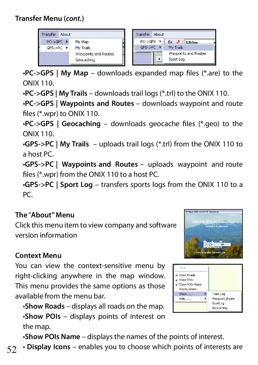 Bushnell 110 instruction manual About Menu, Context Menu 