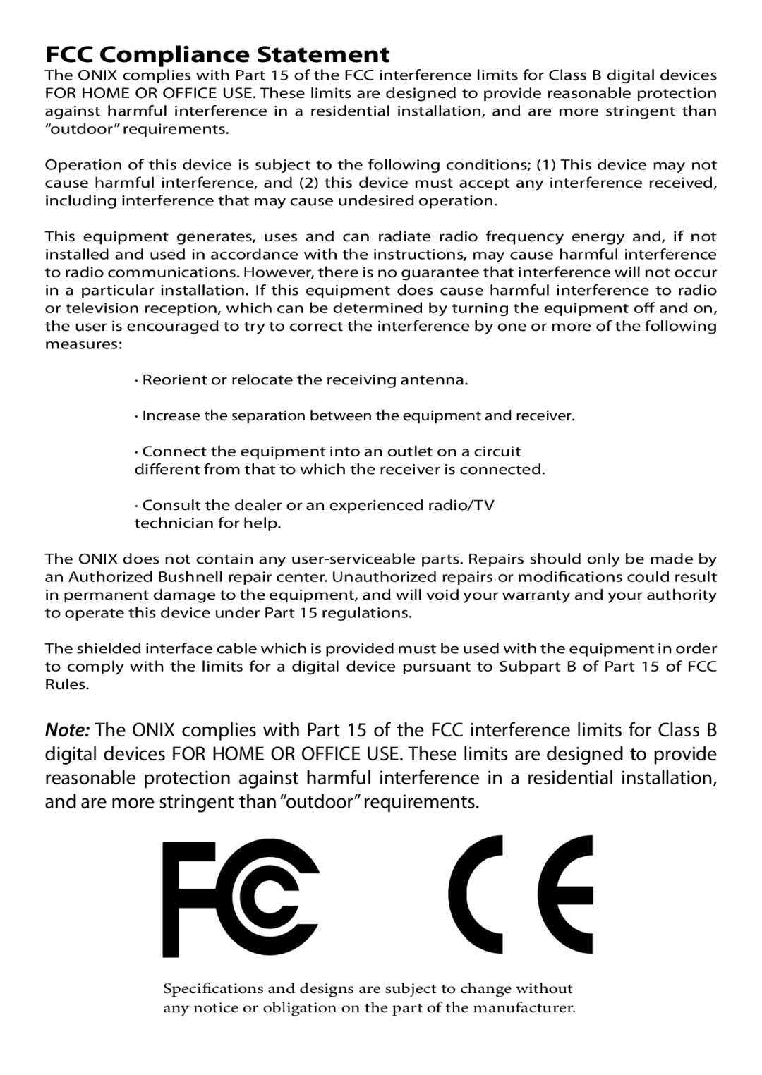 Bushnell 110 instruction manual FCC Compliance Statement 