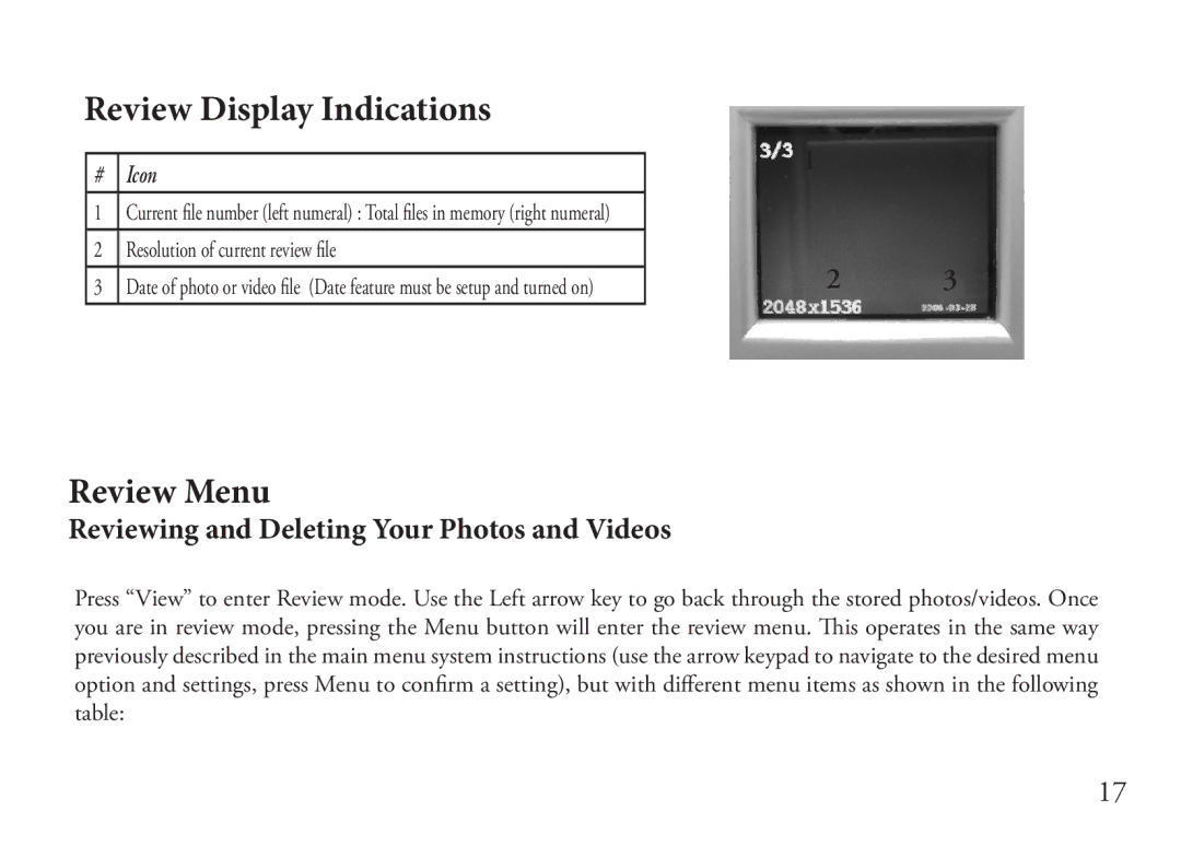 Bushnell 110833, 110834 instruction manual Review Display Indications, Review Menu 