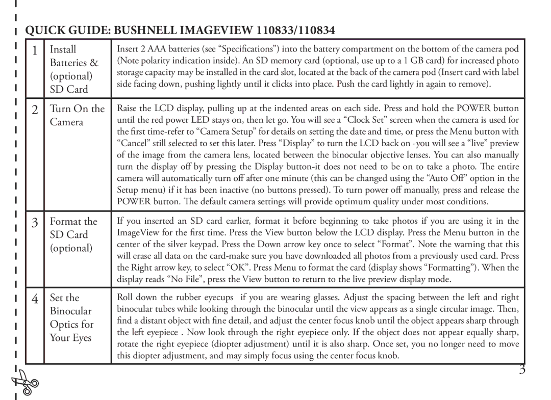 Bushnell 110833, 110834 instruction manual Install, Batteries Optional, SD Card, Camera, Binocular, Optics for, Your Eyes 