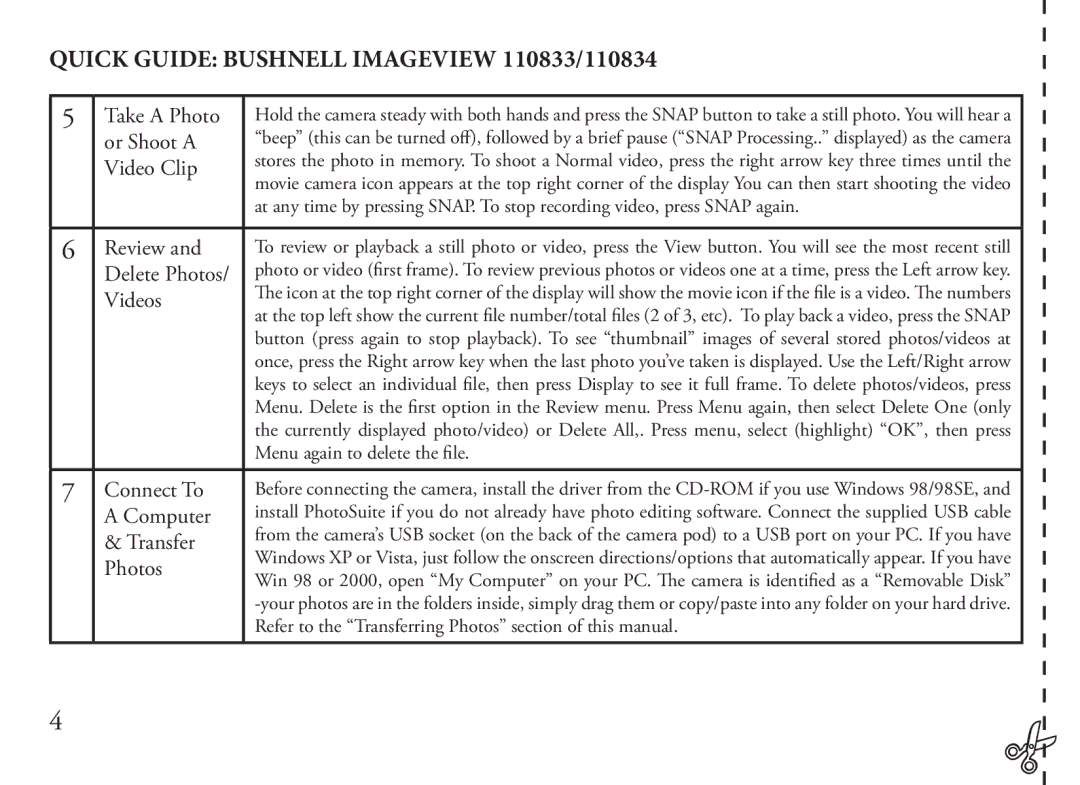 Bushnell 110834, 110833 instruction manual Video Clip, Videos, Transfer, Photos 