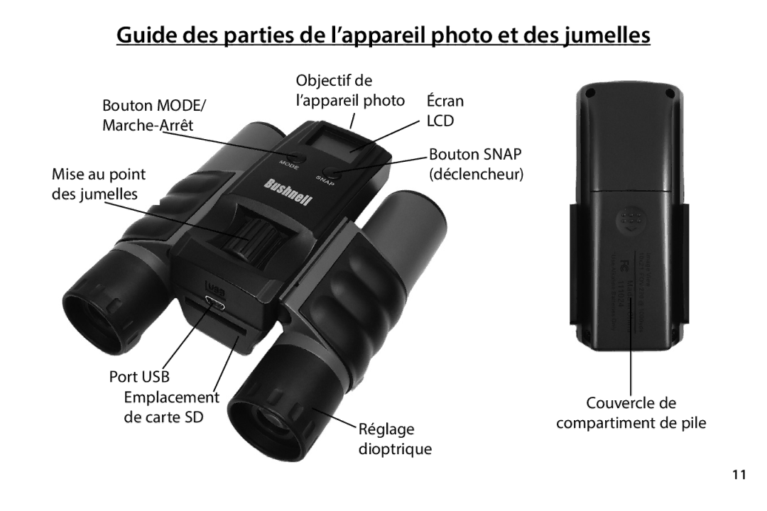 Bushnell 111024ML quick start Guide des parties de l’appareil photo et des jumelles 