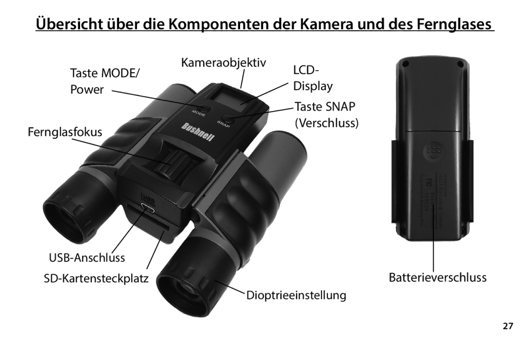 Bushnell 111024ML quick start Übersicht über die Komponenten der Kamera und des Fernglases 