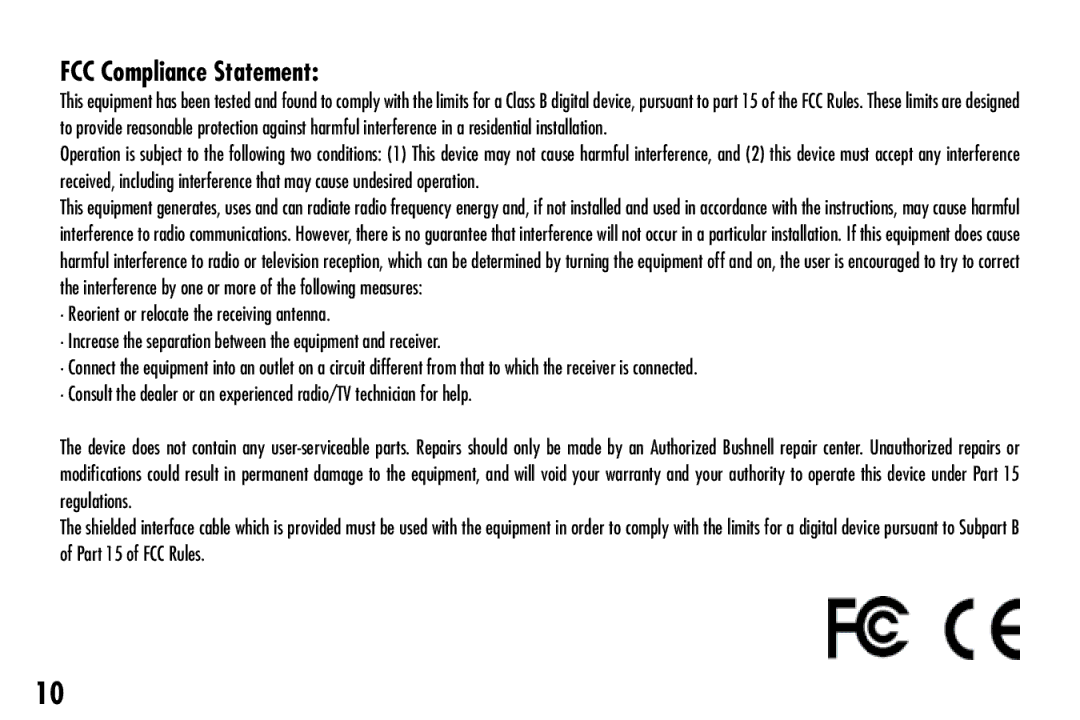 Bushnell 111024 instruction manual FCC Compliance Statement 