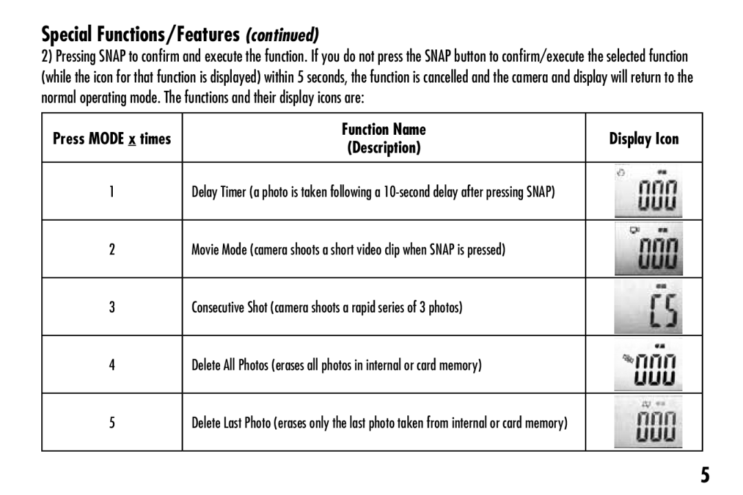 Bushnell 111024 instruction manual Function Name Display Icon Description 