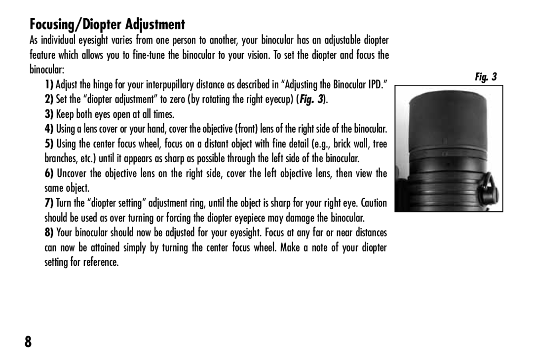 Bushnell 111024 instruction manual Focusing/Diopter Adjustment, Binocular 