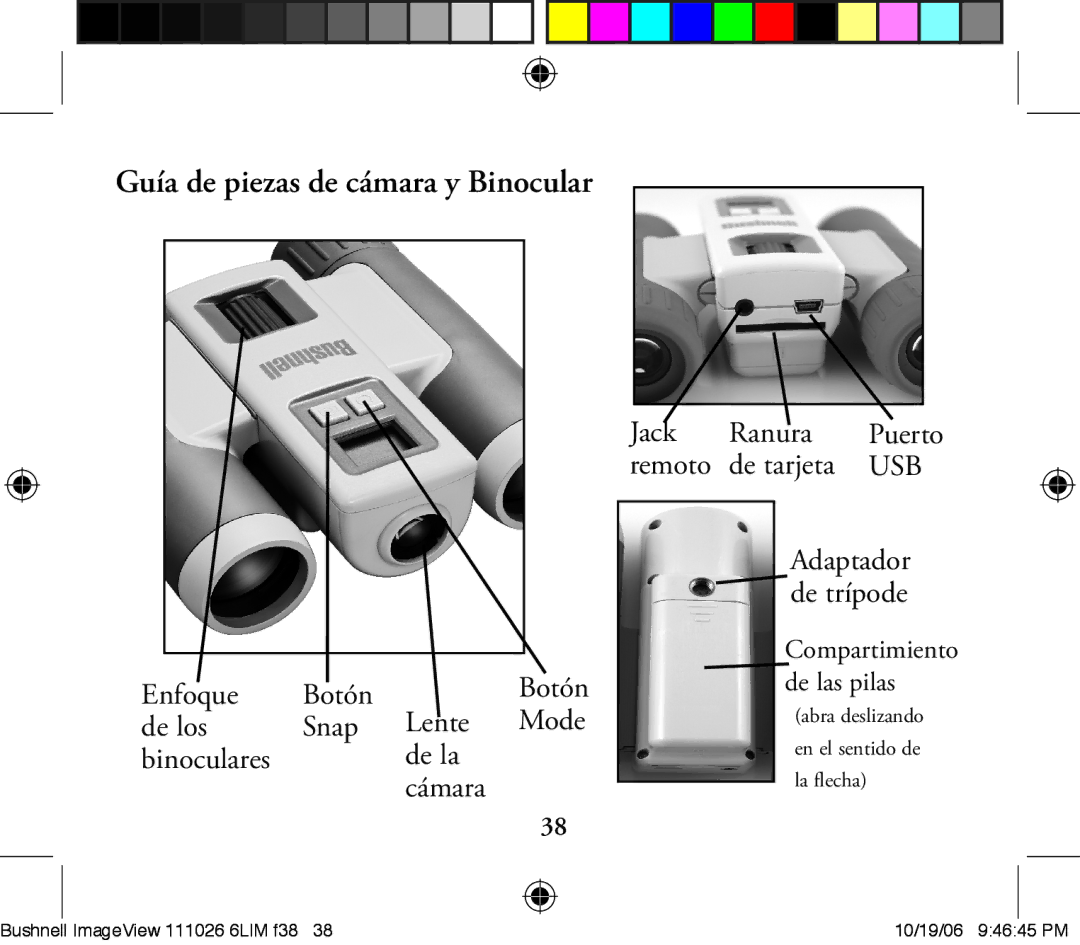 Bushnell 111026 6LIM F2 instruction manual Guía de piezas de cámara y Binocular 