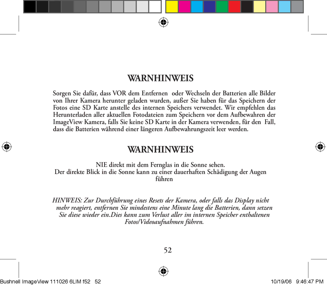 Bushnell 111026 6LIM F2 instruction manual Warnhinweis 