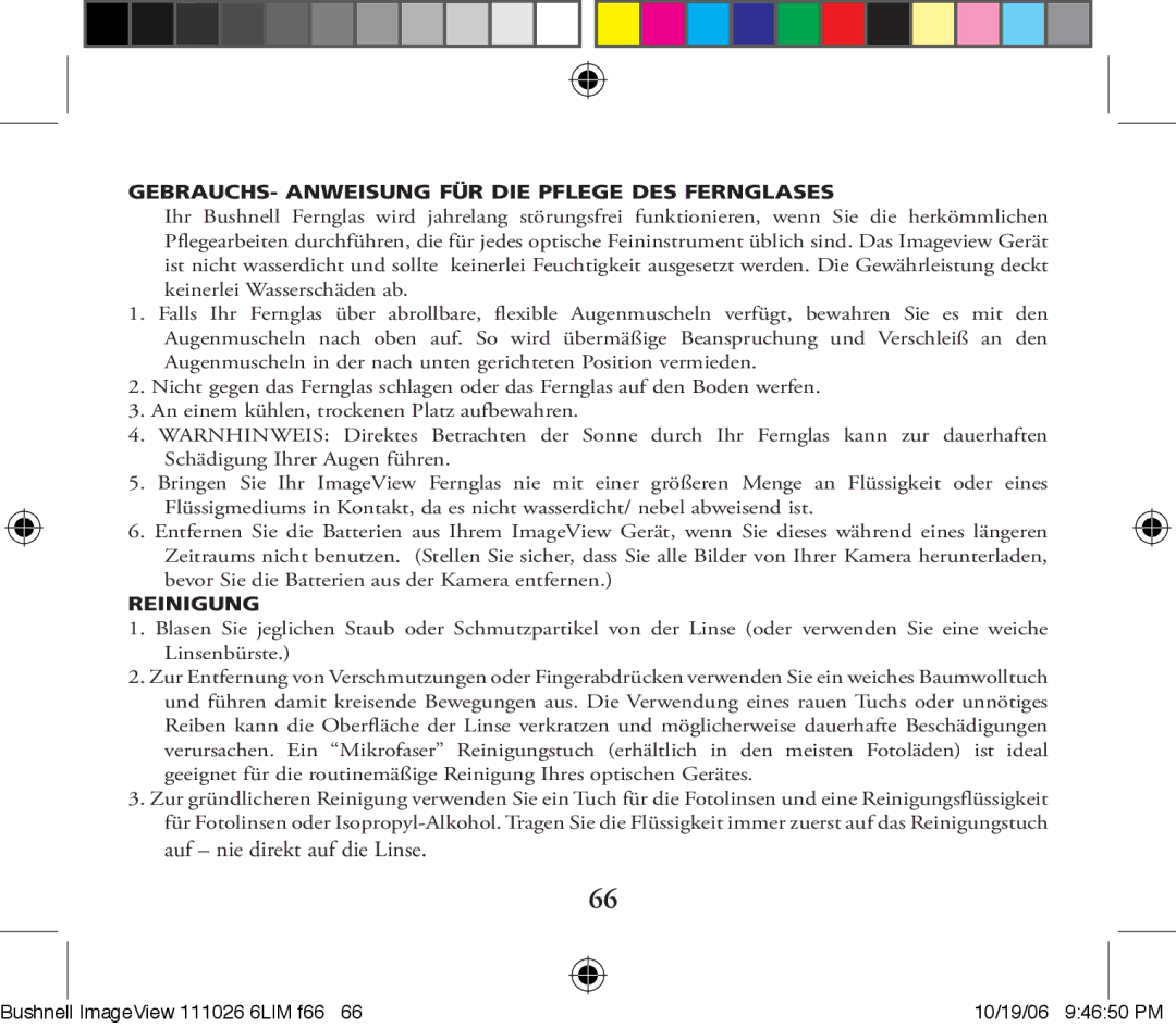 Bushnell 111026 6LIM F2 instruction manual GEBRAUCHS- Anweisung FÜR DIE Pflege DES Fernglases 