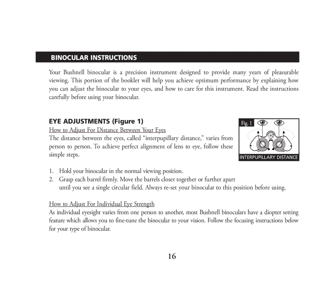 Bushnell 111026 instruction manual Binocular Instructions 