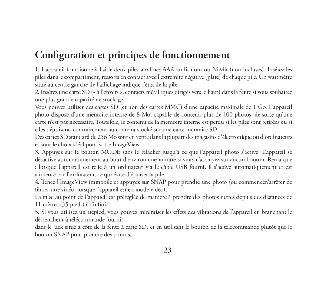 Bushnell 111026 instruction manual ConfigurationAMERA Parts et principes de fonctionnement 