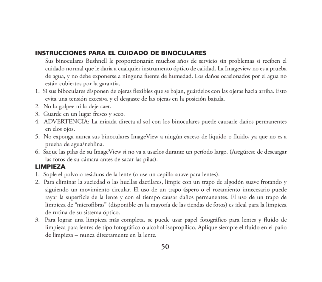 Bushnell 111026 instruction manual Instrucciones Para EL Cuidado DE Binoculares 