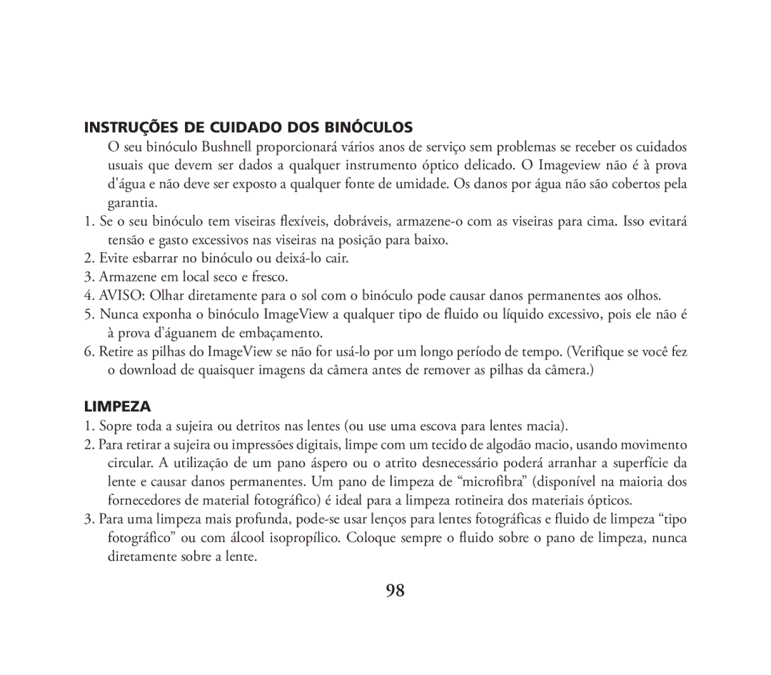 Bushnell 111026 instruction manual Instruções DE Cuidado DOS Binóculos 