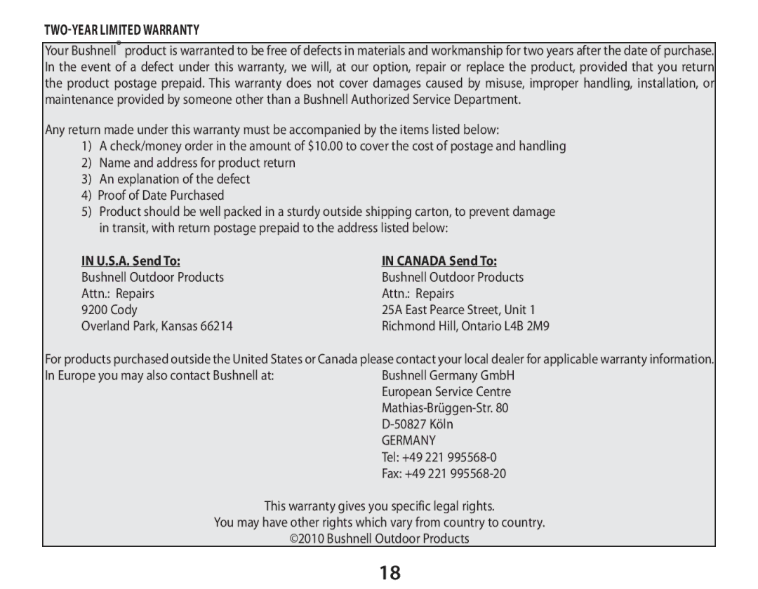 Bushnell 111026 instruction manual TWO-Year Limited Warranty 