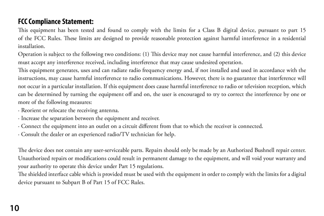 Bushnell 1111024 quick start FCC Compliance Statement 