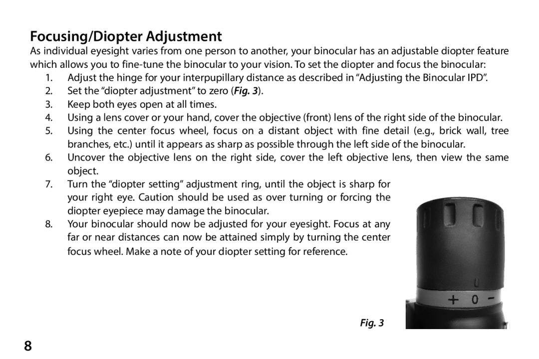 Bushnell 1111024 quick start Focusing/Diopter Adjustment 