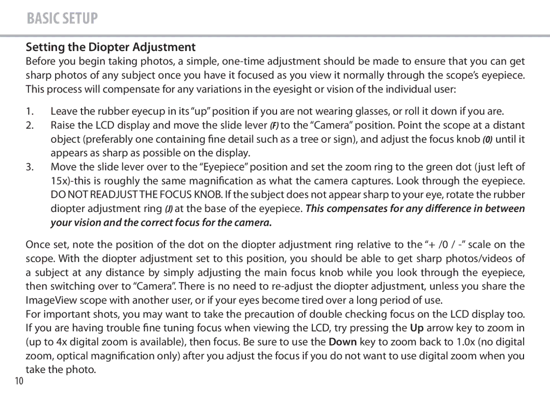 Bushnell 111545 user manual Setting the Diopter Adjustment 