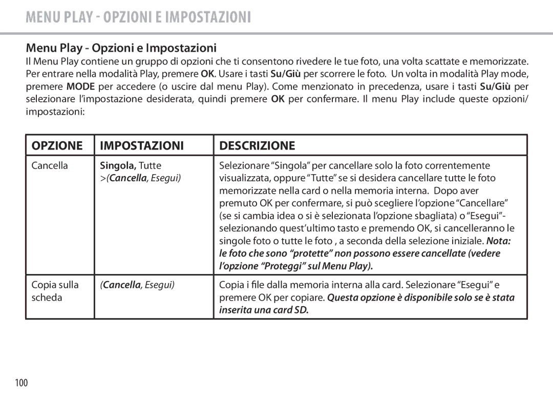 Bushnell 111545 user manual Menu Play Opzioni e Impostazioni, 100 