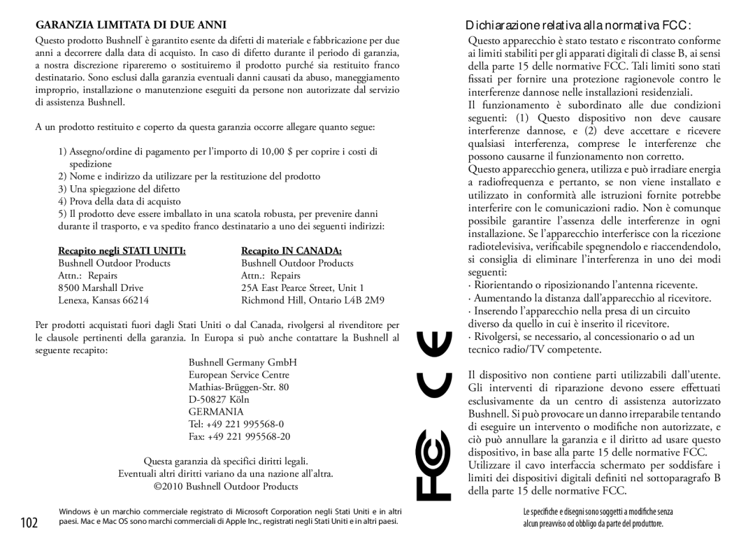 Bushnell 111545 user manual Dichiarazione relativa alla normativa FCC 