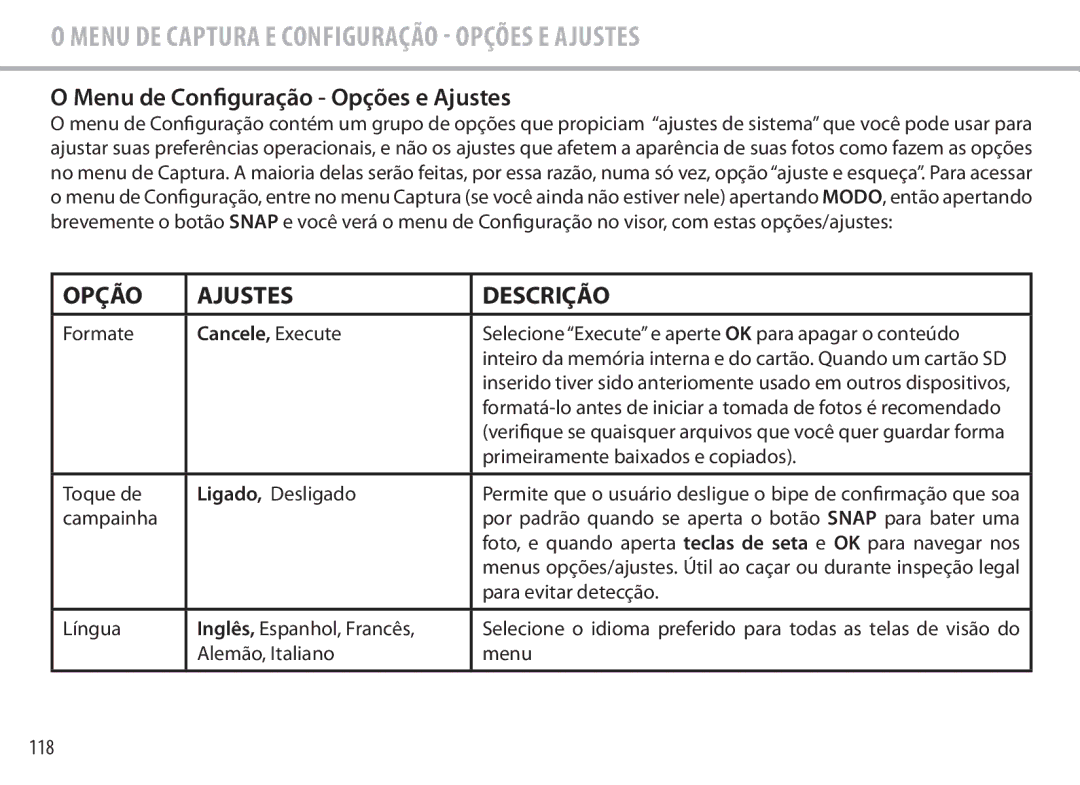 Bushnell 111545 user manual Menu de Configuração Opções e Ajustes, 118 