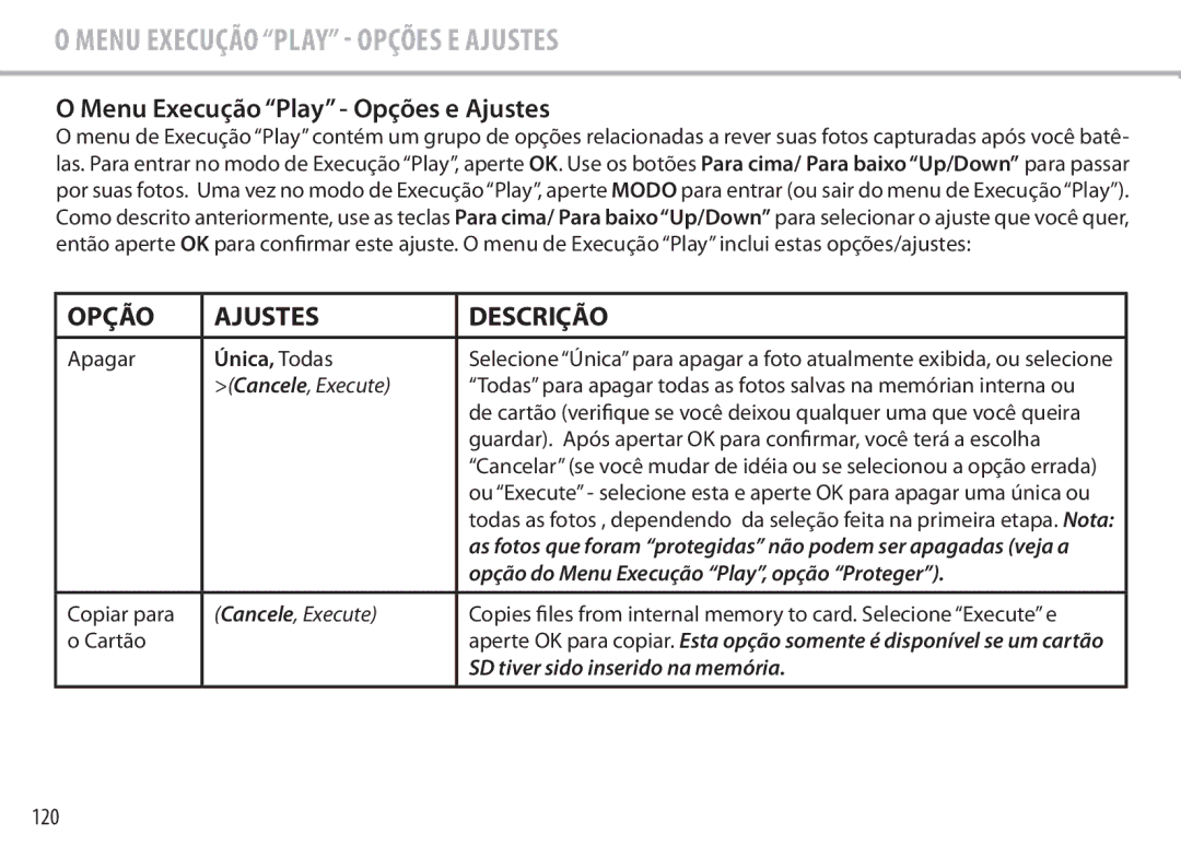 Bushnell 111545 user manual Menu Execução Play Opções e Ajustes, 120, Apagar, Copiar para, Cartão 