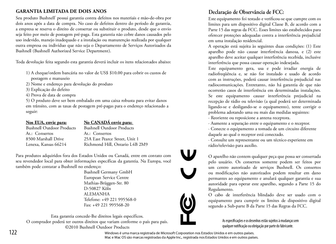 Bushnell 111545 user manual Declaração de Observância de FCC 